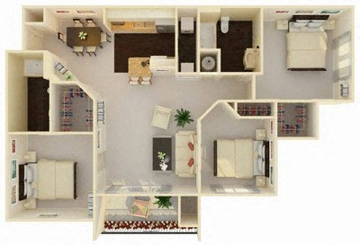 Floor plan for 3 beds, 2 baths, 1223 sqft